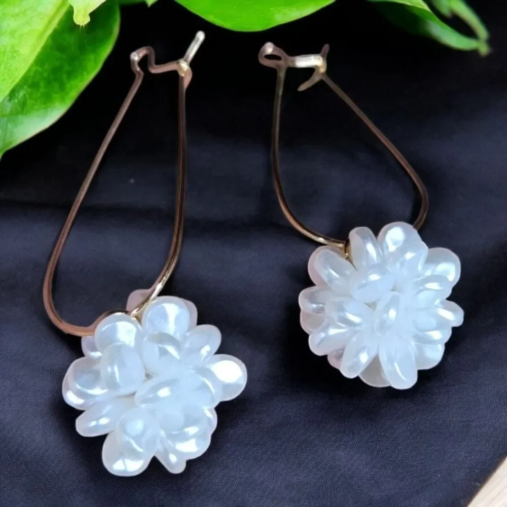 Pearl Flower Drop Earrings Gold Hoop Bridal Wedding Elegant Statement Earrings